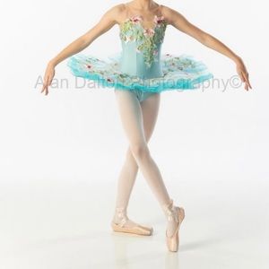 Dance pointe costume, light blue and pink, hair clip, child medium